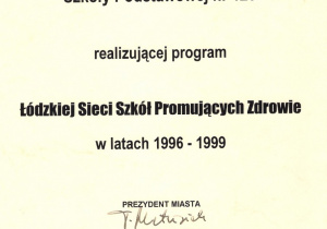 certyfikat Łódzkiej Sieci Szkół Promujących Zdrowie 1999